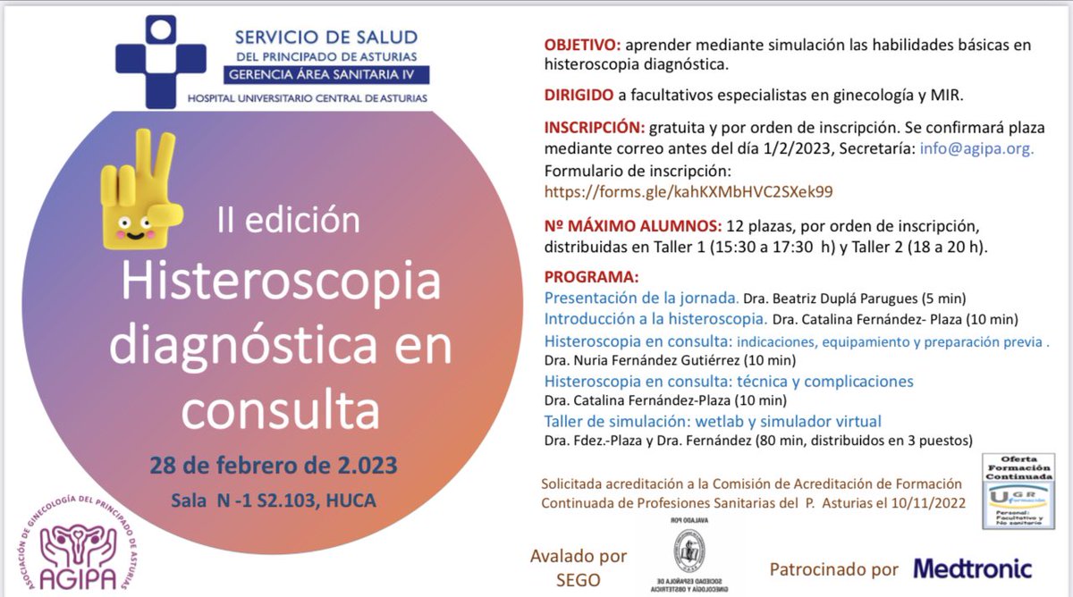 🛑 ATENCIÓN! Nuevo el Taller de Histeroscopia en Consulta que tendrá lugar en el <a href="/HUCA_Asturias/">@HUCA</a> el próximo 28 de Febrero.
Las plazas son limitadas por riguroso orden de inscripción