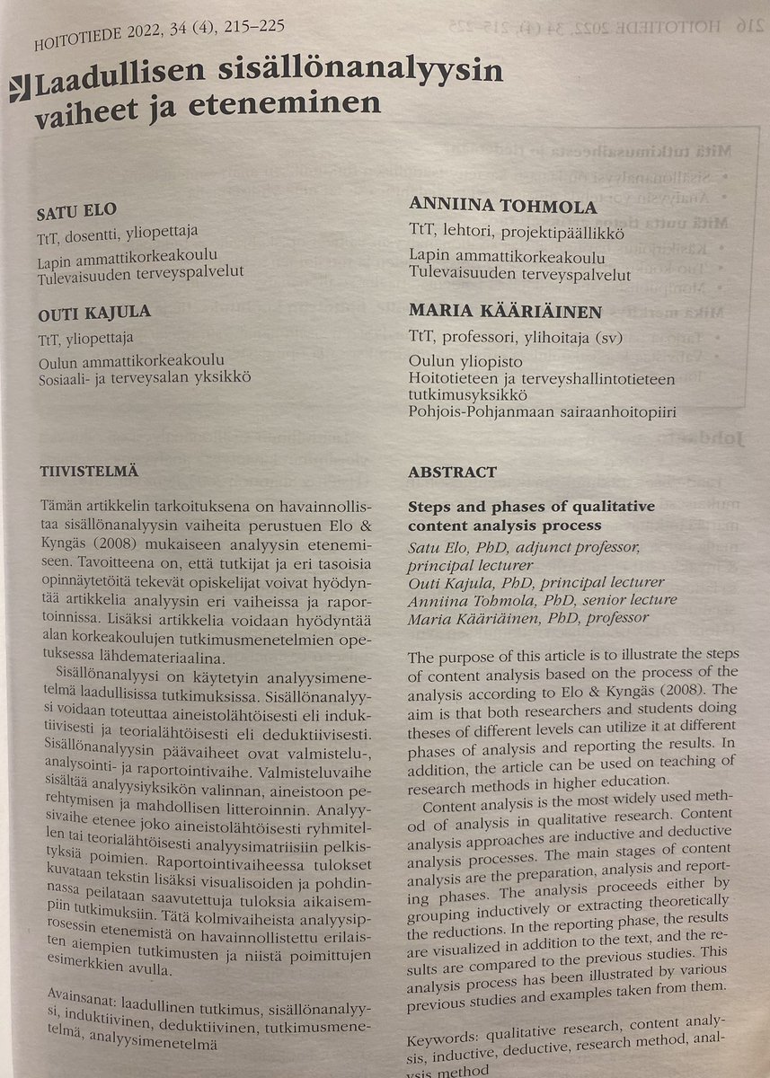 Uusimmassa @HTTShoitotiede -lehdessä Laadullisen sisällönanalyysin vaiheet ja eteneminen -artikkeli @eloniloa <a href="/KaariainenMaria/">MariaKääriäinen</a> <a href="/OuKajula/">Outi Kajula</a> kanssa! Tätä on odotettu! Olkaa hyvät😊