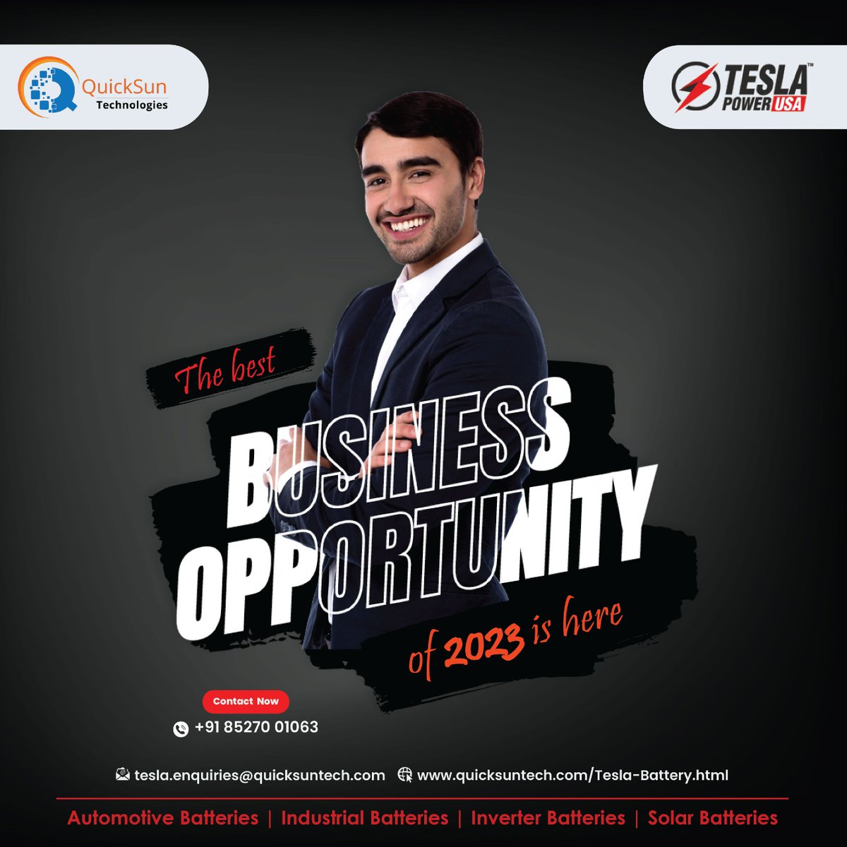 QuickSun Technologies is offering you the best opportunity of this year. Start your year with an unbeatable business. Become a Tesla Power USA product seller in India with QuickSun Technologies. Contact us for more details.