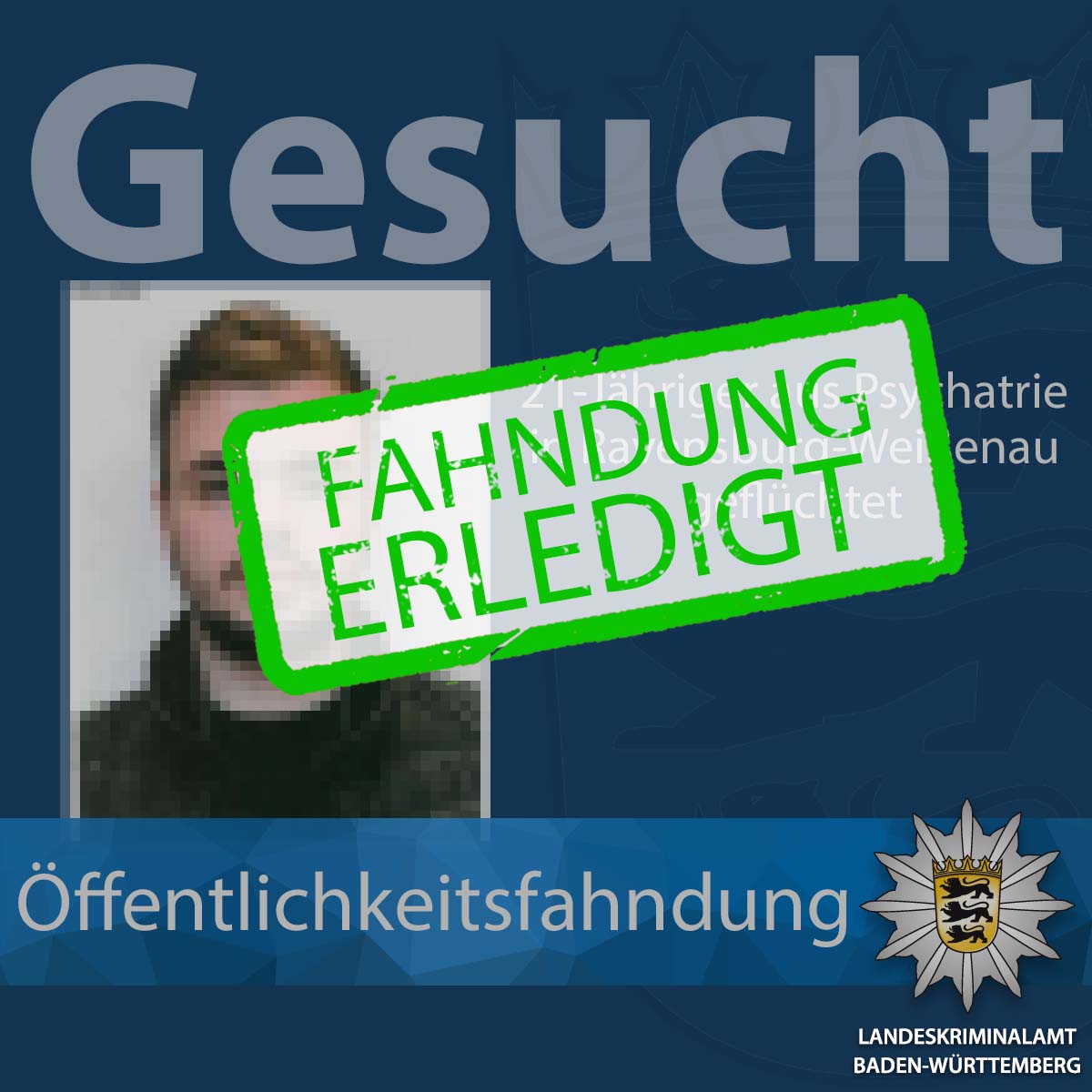 PolizeiUL's tweet photo. +++ UPDATE ZUR #FAHNDUNG +++
Soeben haben wir die Information erhalten, dass der 21-Jährige aufgrund eines Zeugenhinweises im #Esslinger Stadtgebiet von Fahndungskräften festgenommen werden konnte. 👍👍 https://t.co/Qv8AHA8ZXl