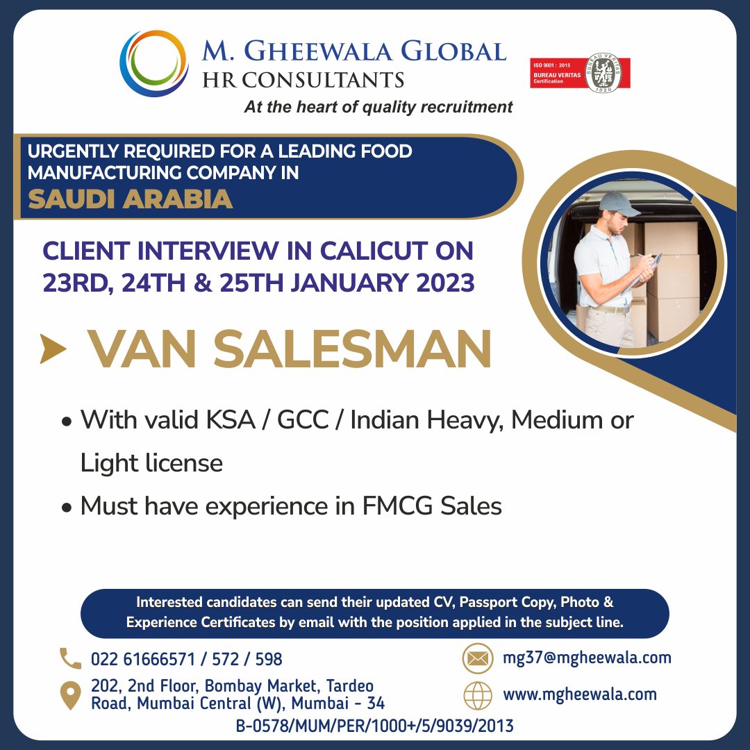 mgheewala_hrc's tweet photo. Job Vacancies for #Saudiarabia
Interested Candidates can send the updated resume to mg37@mgheewala.com
Learn More https://t.co/Ps4bxv2mB1
#driver #vandriver #salesman #indiandriver #gccdriver #saudidriver #fmgc #foodindustry #foodmanufacturing #manufacturing #saudijobs https://t.co/At8WkZOKai