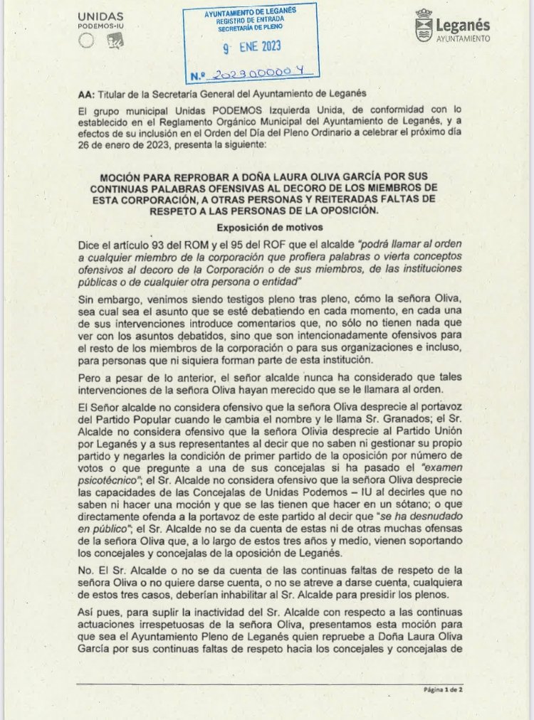 PodemosLeganes's tweet photo. En el pleno de Enero, Unidas Podemos-IU llevamos una Moción para reprobar a Doña Laura Oliva García (Portavoz del PSOE) por sus continuas palabras ofensivas al decoro de los miembros de esta corporación y reiteradas faltas de respeto a las personas de la oposición. https://t.co/teWgLHo0aJ