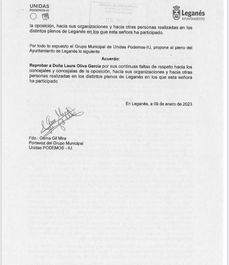 PodemosLeganes's tweet photo. En el pleno de Enero, Unidas Podemos-IU llevamos una Moción para reprobar a Doña Laura Oliva García (Portavoz del PSOE) por sus continuas palabras ofensivas al decoro de los miembros de esta corporación y reiteradas faltas de respeto a las personas de la oposición. https://t.co/teWgLHo0aJ