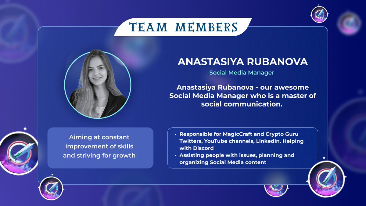 MagicCraftGame's tweet photo. Meet the #MagicCraftTeam 🔮
Anastasiya Rubanova - our awesome Social Media Manager who is a master of social communication.
Anastasiya is tasked with spreading the $MCRT message to the world 🚀
https://t.co/7XLkqh3hqR
#MOBA https://t.co/XCZ6eStbSf