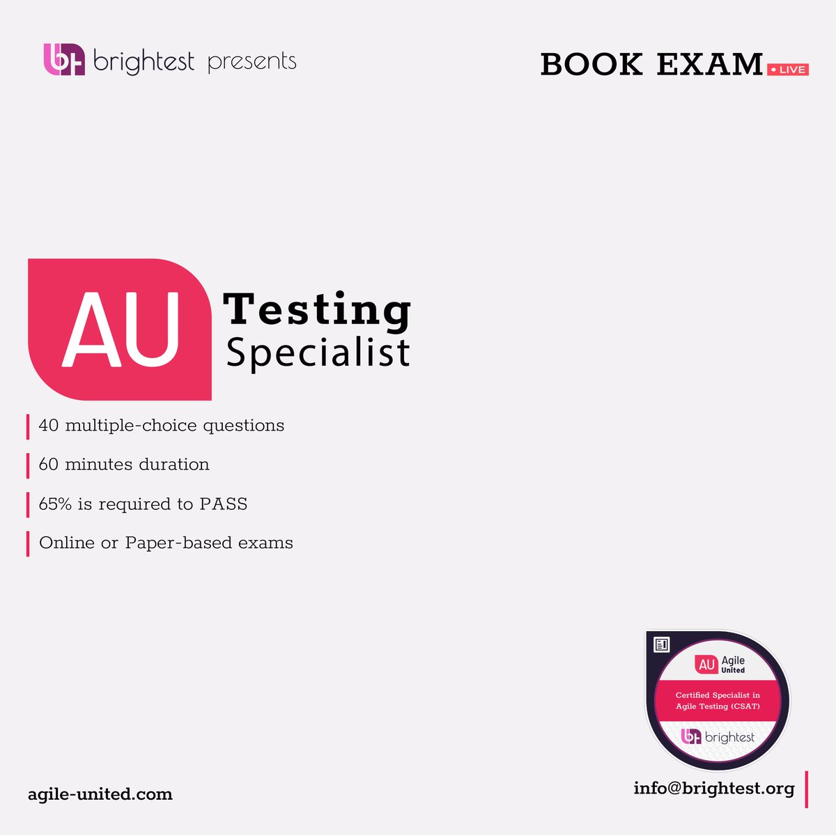 🆘NEW EXAM LAUNCH🆘

👉Book your exam today and become Certified Specialist in Agile Testing (CSAT) by Agile United &amp; Brightest!

📖Syllabus &amp; Mock exam: agile-united.com

📧info@brightest.org

#agile #agiletesting