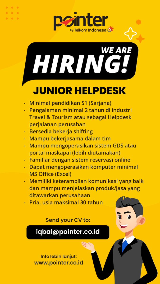 Haloo!! 🚨Urgently needed🚨
Pointer by Telkom Indonesia is hiring Junior Helpdesk

Join us and send an email through:
iqbal@pointer.co.id
#lokercot #lokerpam #loker

Cc: <a href="/hrdbacot/">HRD BACOT</a> <a href="/ezash/">Eza Hazami - ハザミ。エザ</a> @apamungkasa