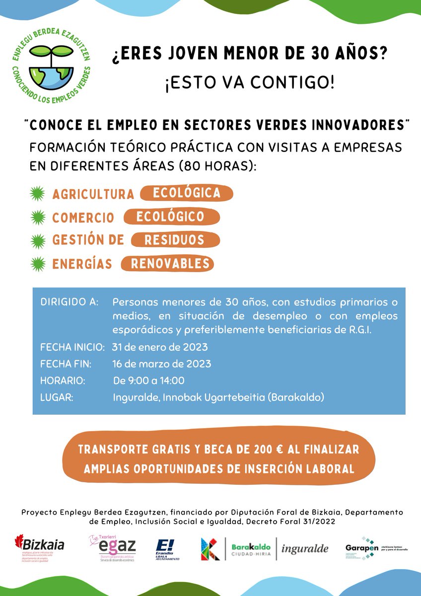 HazilanGarapen's tweet photo. ¿Quieres encontrar empleo en un sector verde, pero no sabes por dónde tirar? El programa Enplegu Berdea Ezagutzen, financiado por Diputación Foral de Bizkaia, ¡es la solución! 

Más Información : enpleguberdea@garapen.net, Tel.: 688717610. Inscríbete en https://t.co/2KDnBAz4L9 https://t.co/lhS3FbrBuw