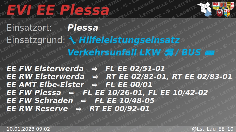 🚨 10.01.2023 09:02 💥 🚚 🚌 H:Verkehrsunfall-LKW/BUS 🌐 Plessa 🚒 ⇨ FW Elsterwerda, FW Plessa, FW Schraden wachalarm.leitstelle-lausitz.de/dbrd/93656704-…