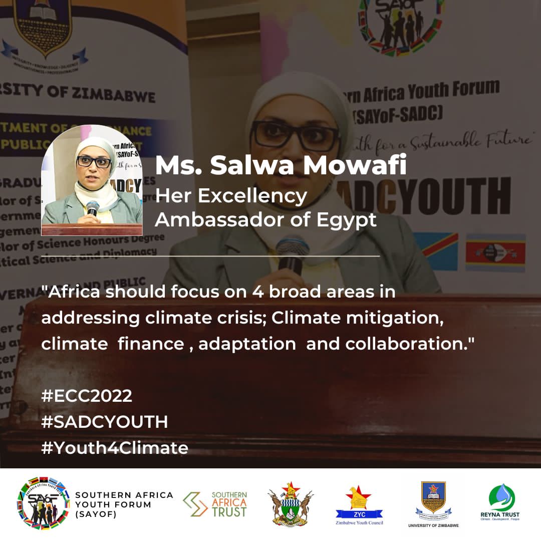 SAYoF_Climate's tweet photo. Her Excellency, Ambassador of Egypt, Ms. Salwa Mowafi speaking at the Environment and Climate Change Conference🇿🇼
#SADCYOUTH #ECC2022 
#Youth4Climate @SthrnAfrcaTrust https://t.co/8Q94lVaAIs