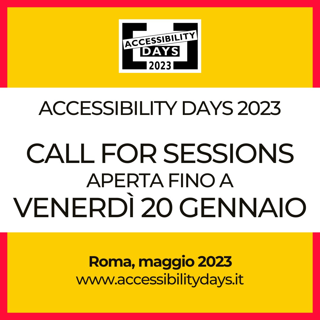 ACCESSIBILITY DAYS 2023: POCHI GIORNI ALLA CHIUSURA DELLA CALL 4 SESSIONS! 💪😎

Inviaci la tua proposta entro il 20 gennaio 2023!

👉  bit.ly/ad2023-call4se…

#gaad #gaad2023 #a11yDays