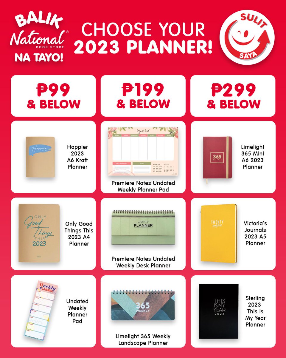 nbsalert's tweet photo. Still don't have a 2023 planner? Find the right one that will suit your aesthetic, budget, and needs at #NationalBookStore!
Shop for great finds like these at our branches nationwide or online. #2023Planners #Planner #Planners #Stationery #PlannerPads #LakingNational #NBSat80 https://t.co/INXOLBNNsw