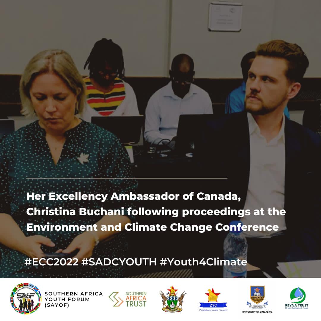 SAYoF_Climate's tweet photo. #FlashbackTuesday: Her Excellency Ambassador of Canada, Christina Buchani and @SAYoF_SADC Regional Programmes Associate, Mr. @ReonVDM following proceedings at the Environment and Climate Change Conference in Harare, Zimbabwe.
#SADCYOUTH #ECC2022 
#Youth4Climate @SthrnAfrcaTrust https://t.co/HPbRqkItki