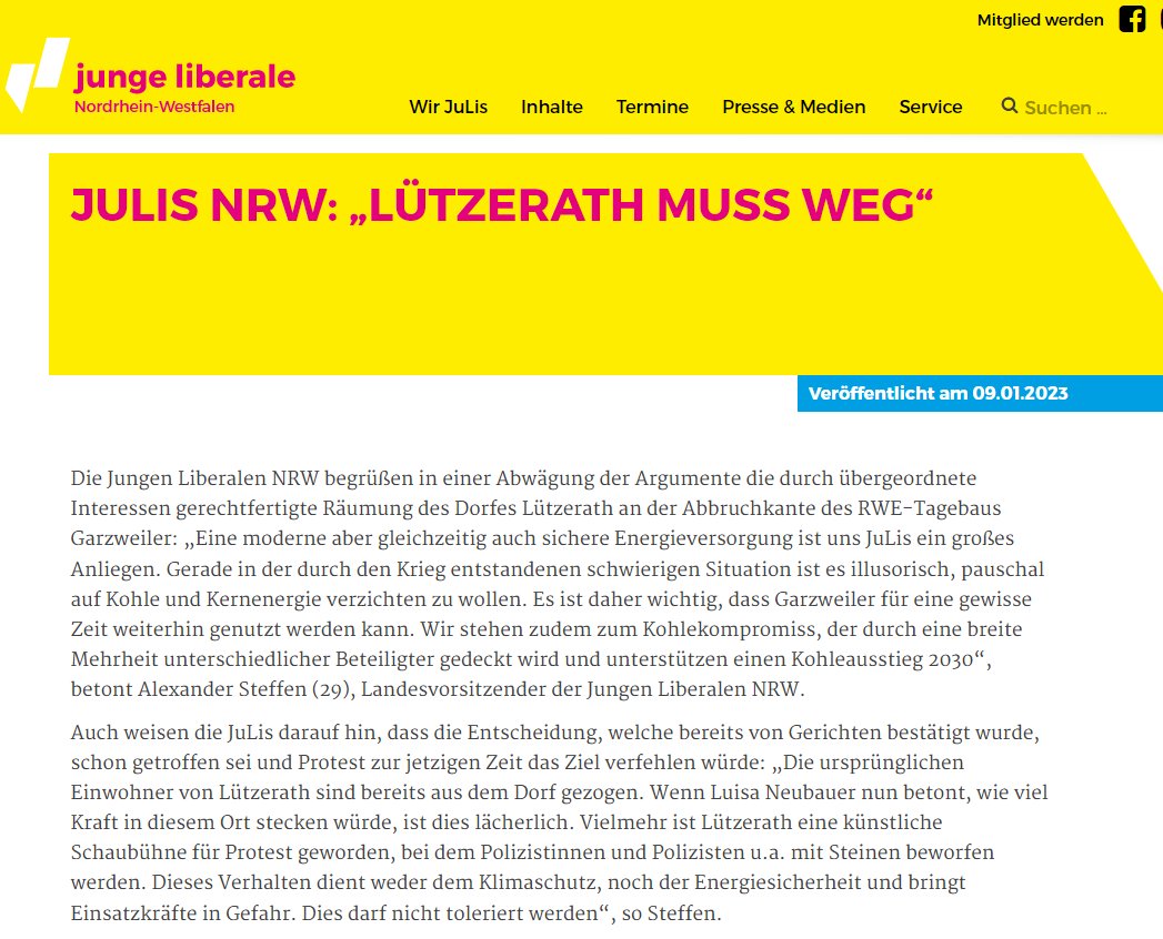 Die JuLis in NRW versuchen offenbar noch den letzten verfügbaren Rest Verachtung für sich einzufordern.
Der war nur schon vorher aufgebraucht.

#LuetzerathLebt 
#LuetzerathBleibt 
#LuetzerathUnraeumbar