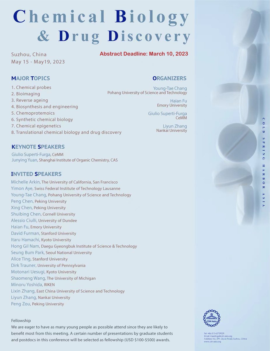 CSHANews's tweet photo. #CSHAsia meeting on #ChemicalBiology & #Drugdiscovery on May 15-19 2023 https://t.co/Q9rpIMYCnb Registration is now open
Submit your abstracts by Mar 10!
#Chembio #Chemicalprobe #Metabolite #Fluorescence #Bioimaging #Epigenetics #Cellomics #Ageing #Drugdesign #Precisionmedicine https://t.co/e0cfCHsvO4