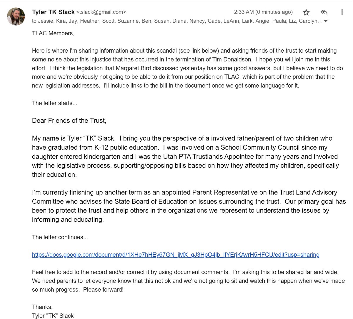 tslack's tweet photo. I'm currently serving as the appointed Parent Member of the Trust Land Advisory Committee, advising the Utah State Board of Education on all things related to State Trust Lands.  I wrote committee members a letter this morning that parents should be aware of. @UtahSITLA https://t.co/pkkix10rjy