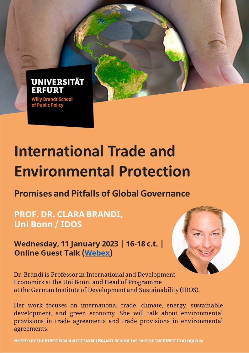 Join us for this year’s first EIPCC guest talk by Prof. Dr. <a href="/ClaraBrandi/">Clara Brandi</a> of <a href="/UniBonn/">Rheinische Friedrich-Wilhelms-Universität Bonn</a> and <a href="/IDOS_research/">IDOS_research</a> on "International Trade and Environmental Protection: Promises and Pitfalls of Global Governance".
🗓️January 11, 4-6 pm via Webex: bit.ly/3iwh7M3