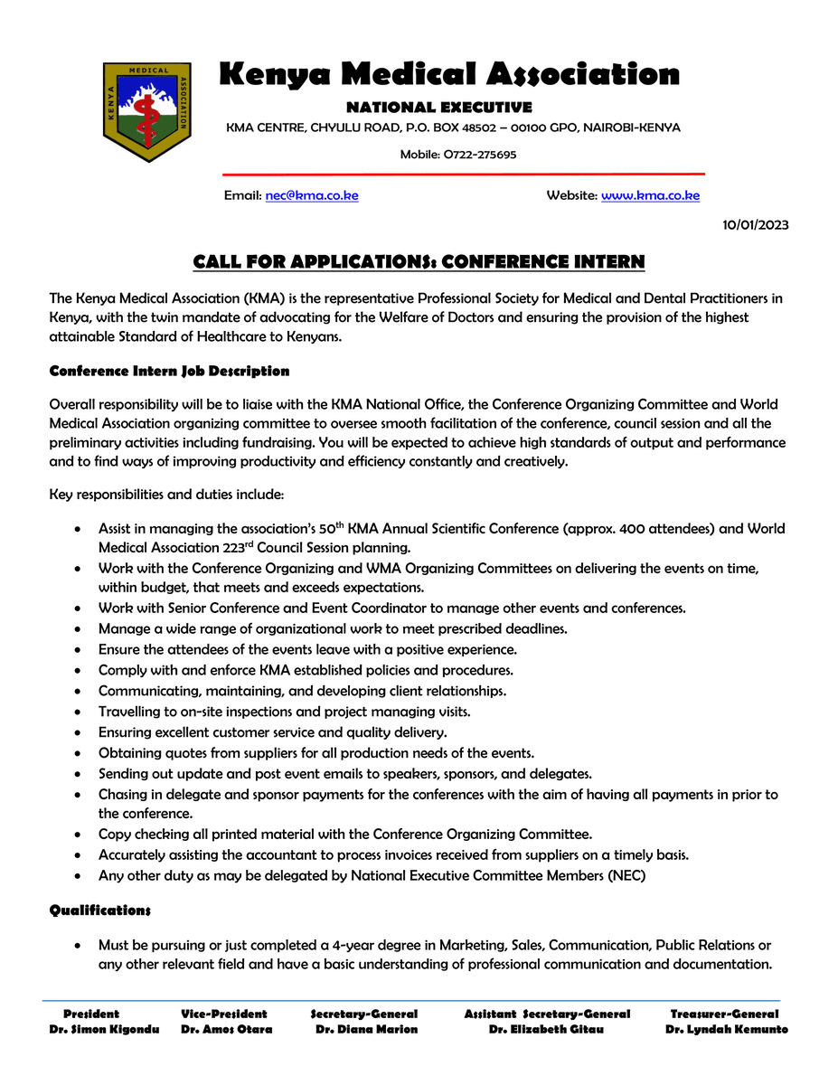 KenyaMedics_KMA's tweet photo. CALL FOR APPLICATIONS: CONFERENCE INTERN

Interested applicants should address their application and CV and contact details of three referees to nec@kma.co.ke by January 16th 2023.
#IkoKaziKE

https://t.co/9cPUF766et https://t.co/UOa7hTz6pw