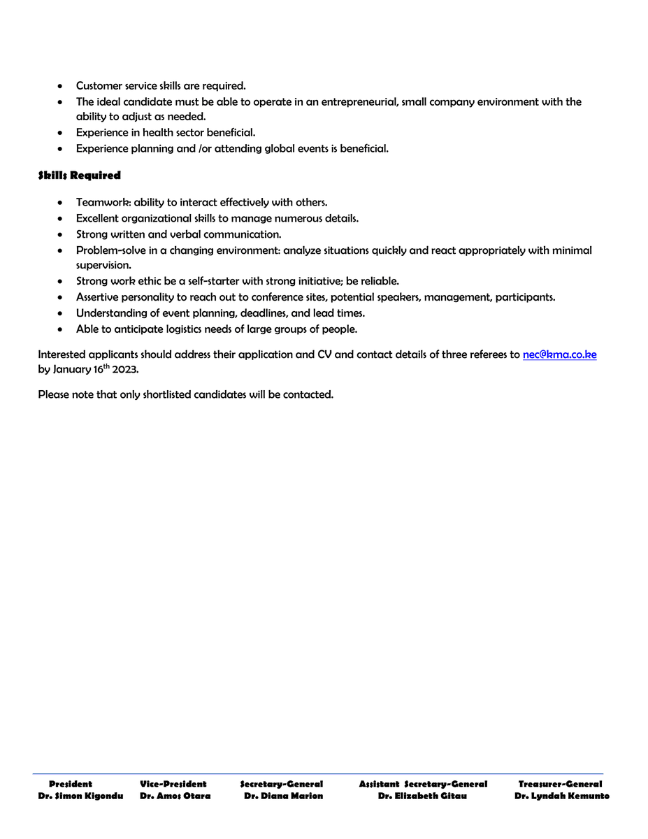 CALL FOR APPLICATIONS: CONFERENCE INTERN

Interested applicants should address their application and CV and contact details of three referees to nec@kma.co.ke by January 16th 2023.
#IkoKaziKE

kma.co.ke/images/CONFERE…