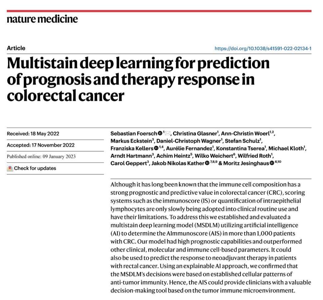 twittlabs's tweet image. Happy to share our latest publication in @NatureMedicine 🩺🧬🔬 nature.com/articles/s4159…. We designed a multistain deep learning model and trained, validated, and tested it on imaging data of different immune cell subtypes of over 1000 patients with #colorectal #cancer. Our …