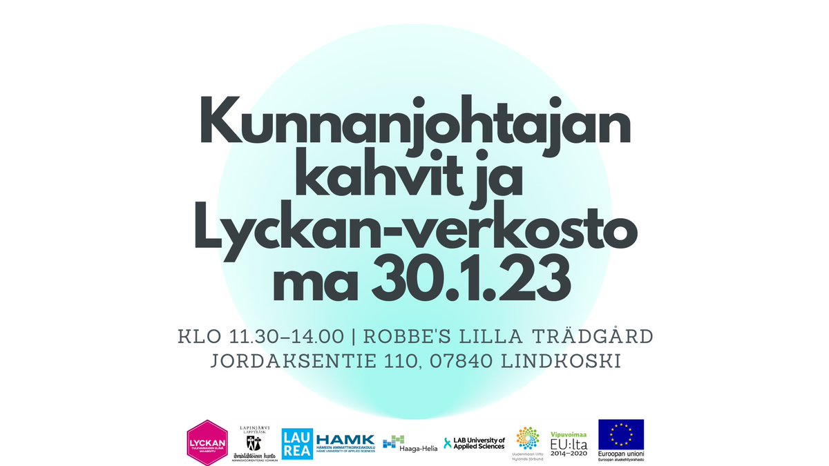 UUSI AJANKOHTA❗️ Kunnanjohtajan kahvien &amp; Lyckan-tapaamisen ajankohta on siirtynyt. Kokoonnumme ma 30.1.2023 KLO 11.30–14.00 Robbe’s Lilla Trädgårdissa. Olemme pahoillamme muutoksesta aiheutuvasta vaivasta. Ilmoittautuminen: forms.gle/EViuqhsWSwHdpM….