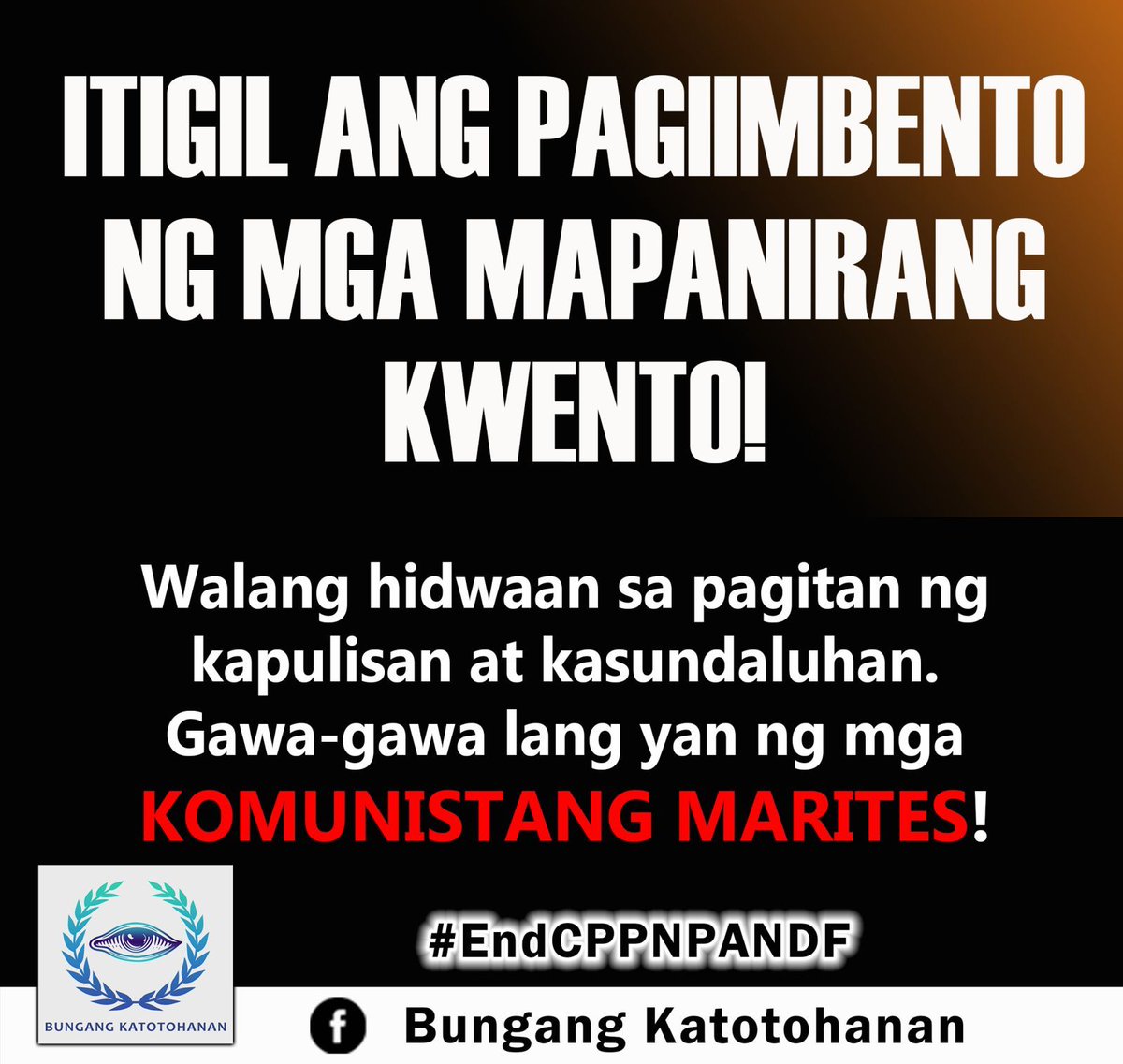 forpeace_oneph's tweet photo. Magaling talagang gumawa ng kwento ang mga komunistang grupo dahil ang gusto talaga nila ay ang manggulo at lituhin ang mga kababayan natin Pilipino.
#NoToCPPLies

-Bungang Katotohanan https://t.co/AhOVJe7qWL