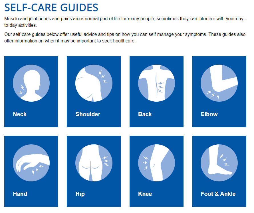 📂Guía de Auto-cuidado y Auto-Manejo de Condiciones Músculo-esqueléticas <a href="/NHSuk/">NHS</a> 🔥

👤Cervical
🤷Hombro
💥Espalda
💪 Codo
🖐️Mano
🧎‍♂️Cadera
🦵Rodilla
🦶Pie &amp; Tobillo

🔗uhcw.nhs.uk/self-care/