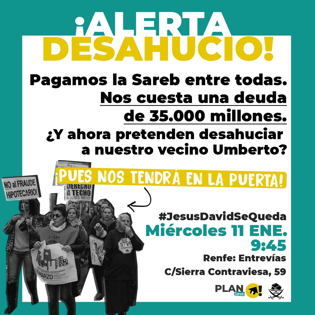 AlertaDesahucio's tweet image. Mañana #11E @pahvallekas convoca #JesusDavidSeQueda                  #Sareb sigue haciendo de las suyas! 🔥 tras prometer alquiler social, fuerza un nuevo intento de desahucio.             
No queremos más desahucios ni alquileres basura!! #LaSAREBEsNuestra 
 9:45  🚄 Entrevías