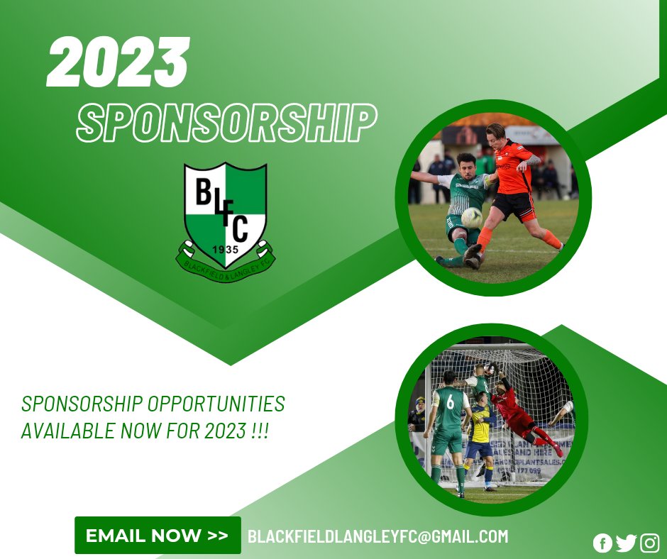 Blackfield & Langley FC (@bandlfc) on Twitter photo SPONSORSHIP 2023 ⚽️
Possible Options Are :
- Ground Name
- Player / Coaching Sponsorship
- Ground Boards
- Individual Match Sponsor
- Player Of The Match Sponsor
- Matchball Sponsor
- Stand Sponsor
Contact us today :
📧 blackfieldlangleyfc@gmail.com
#UpTheWatersiders SPONSORSHIP 2023 ⚽️
Possible Options Are :
- Ground Name
- Player / Coaching Sponsorship
- Ground Boards
- Individual Match Sponsor
- Player Of The Match Sponsor
- Matchball Sponsor
- Stand Sponsor
Contact us today :
📧 blackfieldlangleyfc@gmail.com
#UpTheWatersiders