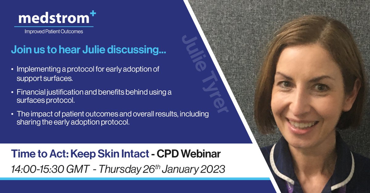 MedstromUK's tweet photo. We have some amazing clinicians speaking on our upcoming FREE #webinar, including Julie @TV_LHCH - #TissueViability Nurse Consultant ๐โ
Register to discover Julie's successful Trust protocol for the early adoption of #supportsurfaces
๐https://t.co/0rcm0izFeV
#skinassessment https://t.co/J4Xialz3xD