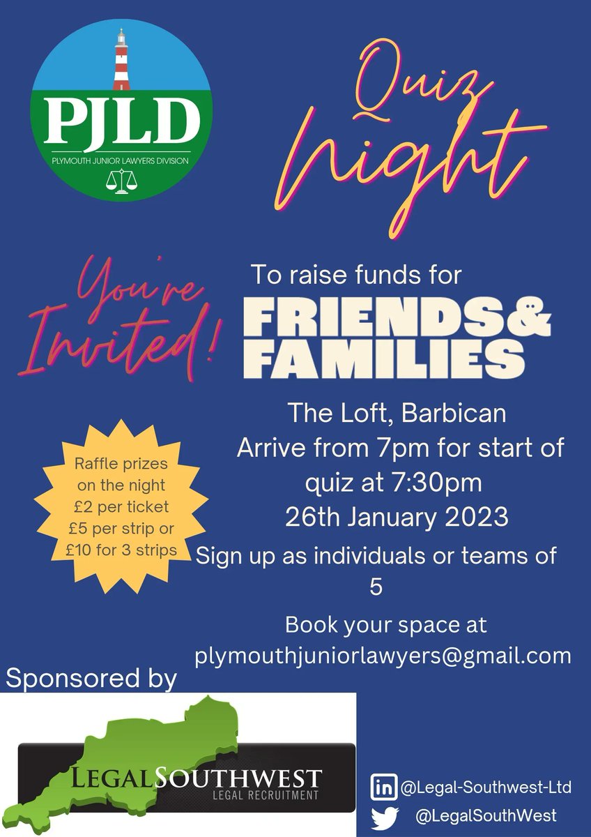 📢 Quiz Night is coming on 26.01.2023 at the Loft.

Have a fun night with the chance to win raffle prizes and raise funds for <a href="/FAFplymouth/">Friends & Families</a> our charity of the year.

Sign up now to avoid missing out! Bring cash to buy raffle tickets.

Event sponsor <a href="/LegalSouthwest/">Legal Southwest</a>

More details 👇