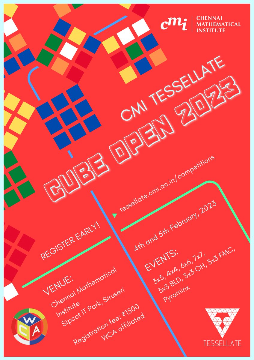 CMITessellate's tweet photo. "If you are curious, you'll find the puzzles around you. If you are determined, you will solve them." - Ernő Rubik

Tessellate presents Cube Open 2023! Get ready for an epic showdown of puzzle solving extravaganza! Learn more at : https://t.co/mwsf3jMfvw https://t.co/QdfW3vpQUy