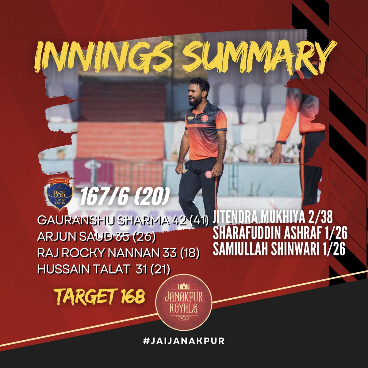 🔴⚫️ Janakpur Royals require 168 runs to qualify for the Final! 

#JanakpurRoyals #JaiJanakpur #NepalT20 #nepalt20league