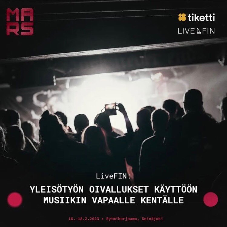 LiveFINry's tweet photo. LiveFIN on mukana musiikki- ja tapahtuma-alan ammattilaiset kokoavalla @MARSfestivaali'lla! 🥁 Sisältökumppanina #LiveFIN tarjoilee useita paneelikeskusteluja. Tutustu ohjelmaan osoitteessa https://t.co/xTF5zPduA5. Nähdään Seinäjoen @Rytmikorjaamo'lla 16.-18.2.2023! https://t.co/RVdJVxkQl4