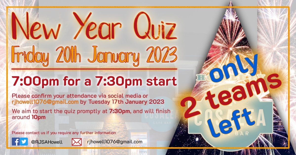 RJSAHowell's tweet photo. 𝗡𝗘𝗫𝗧 𝗙𝗥𝗜𝗗𝗔𝗬
Our New Year Quiz is less than two weeks away!
We only have 𝟮 teams remaining for a complete 𝙨𝙚𝙡𝙡 𝙤𝙪𝙩 

If you are available next Friday and can get a team of 5 people together then why not come and join us at the fantastic @CosaleaWalshaw 

🎓🎓 https://t.co/Izag2MKZOJ