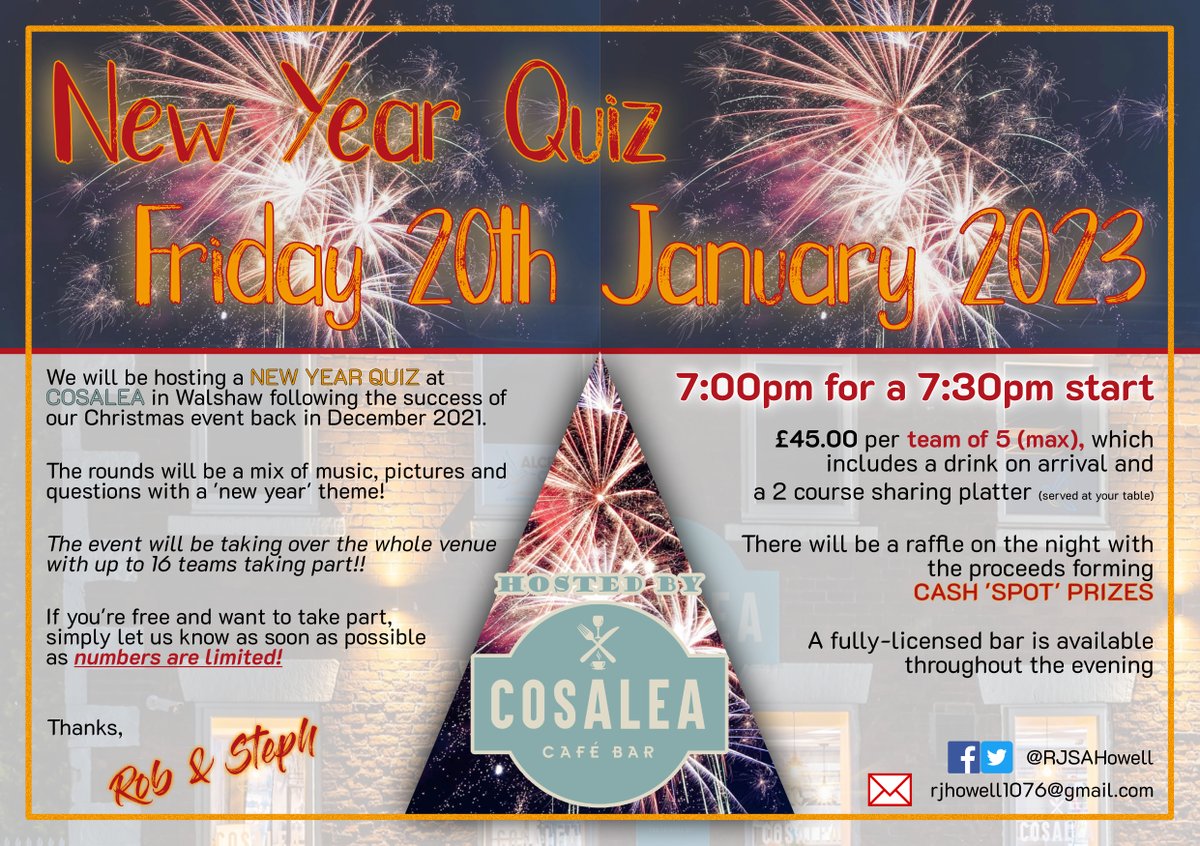 RJSAHowell's tweet photo. 𝗡𝗘𝗫𝗧 𝗙𝗥𝗜𝗗𝗔𝗬
Our New Year Quiz is less than two weeks away!
We only have 𝟮 teams remaining for a complete 𝙨𝙚𝙡𝙡 𝙤𝙪𝙩 

If you are available next Friday and can get a team of 5 people together then why not come and join us at the fantastic @CosaleaWalshaw 

🎓🎓 https://t.co/Izag2MKZOJ