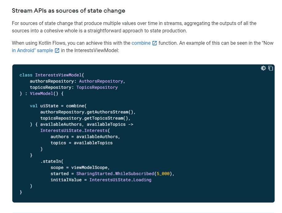 icools's tweet image. developer.android.com/topic/architec…

這邊demo了如何透過使用viewmodel結合多個repository，並且使用flow combine將之結合成一個新的stateFlow (stateIn)來產生一個 uiState的stateFlow變數去整合結果

#kotlin #stateflow #flow