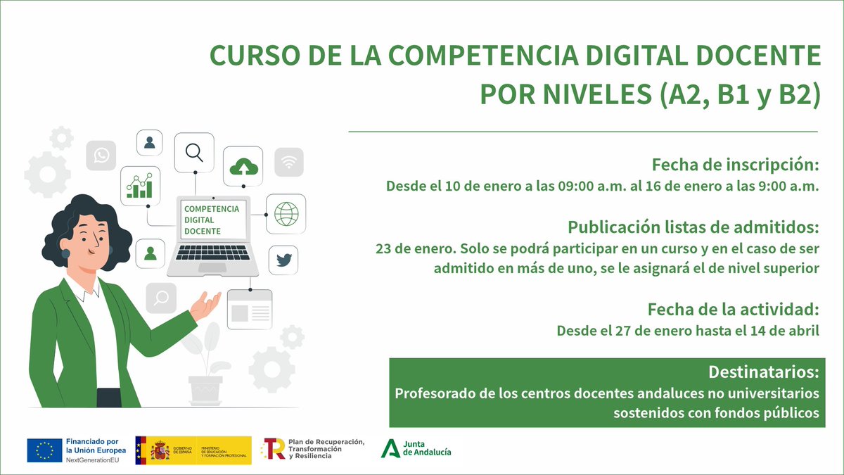 Desarrolla tu #CompetenciaDigitalDocente➡️ Cursos por niveles (A2, B1, B2)
@FormacProfAnd@EducaAnd@cepalmeria@cepejido@cepcuevasolula
➕Info del 1⃣0⃣ al 1⃣6⃣ hasta las 9⃣ am en👇
🅰️2⃣🔗 juntadeandalucia.es/educacion/secr…

🅱1⃣🔗juntadeandalucia.es/educacion/secr…

🅱️2⃣🔗juntadeandalucia.es/educacion/secr…
