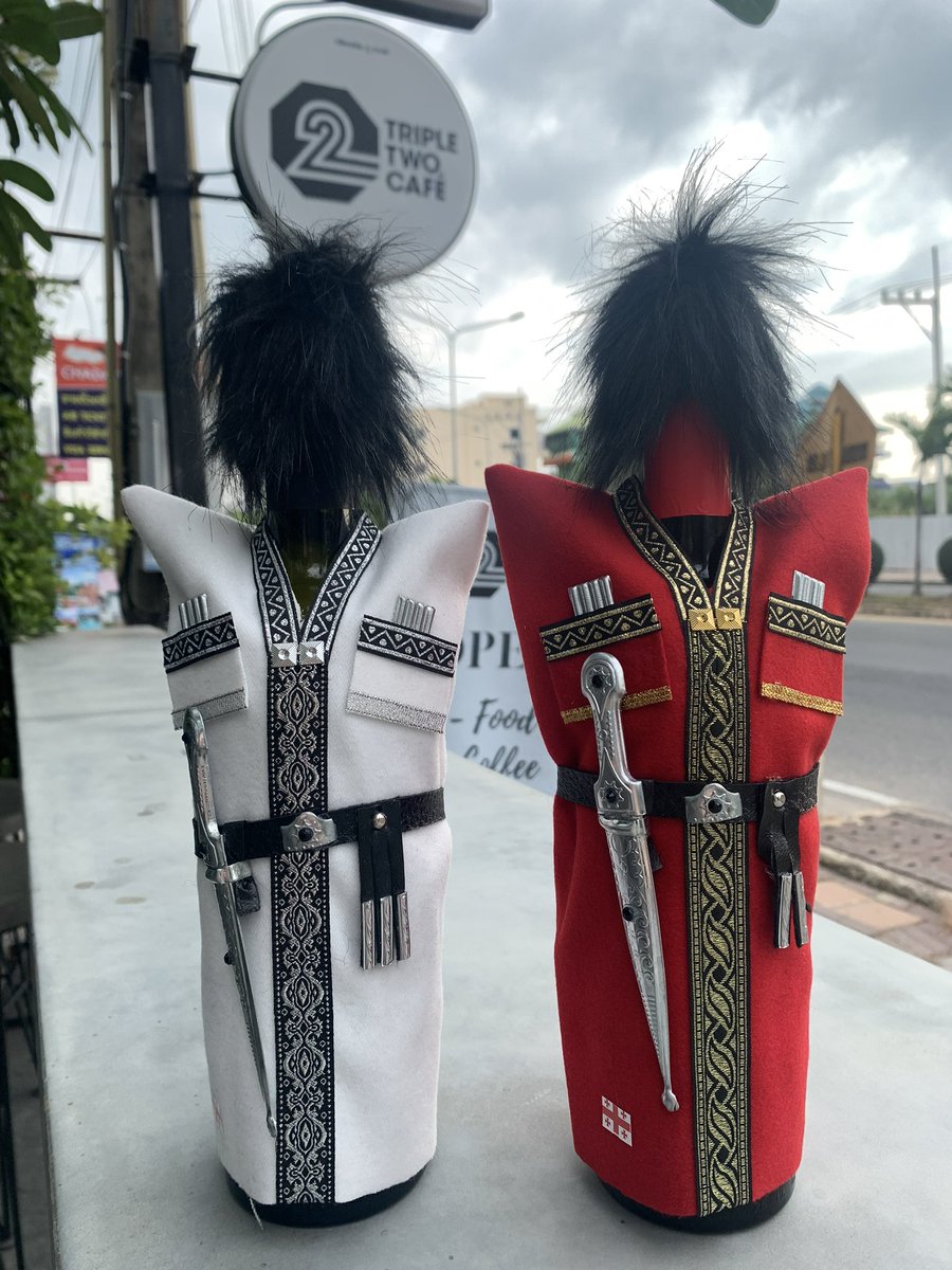 IsPattaya's tweet photo. Georgia wine with cultural costume on wine bottle available at @IsPattaya and triple two cafe #Pattaya #jomtienbeach on second road #newexperience #georgiawine #semisweet #redwine #tasty #import #drinkwisely #drinkdontdrive #costume #soldier #handmade #พัทยา #หาดจอมเทียน #happy https://t.co/4yth1Eq2Yz