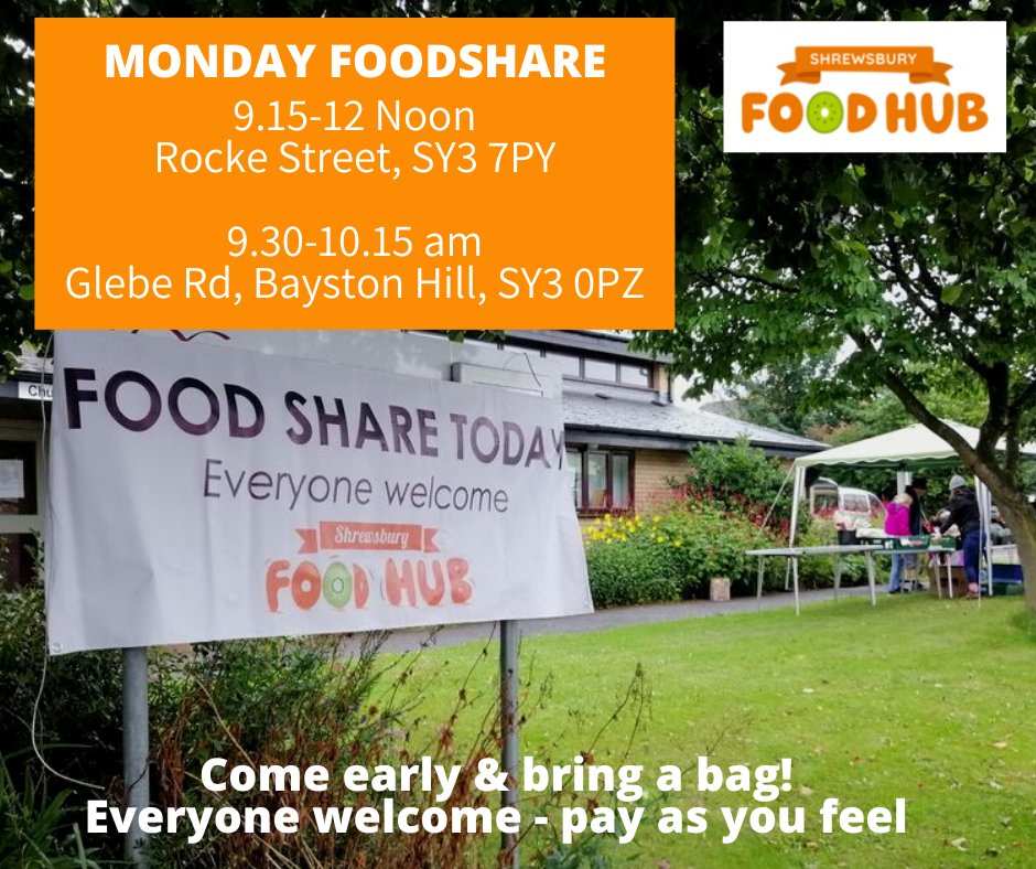 #Foodshares TOMORROW Everyone Welcome!
Monday 16h January🍏🍊🍆🍞
👉Belle Vue Youth Centre, Rocke Street, SY3 7PY
⏰9.15am-12noon 
👉Christ Church, Bayston Hill, SY3 0PZ
⏰9.30-10.15am
Please come along to get good food put to good use. 
#InBelliesNotBins #HubLove #TasteNotWaste