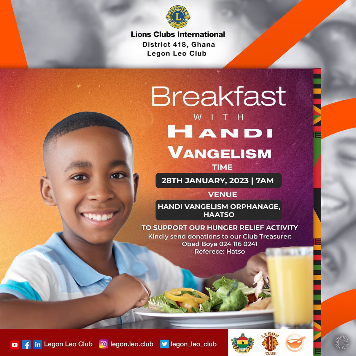 Join us on Saturday, January 28,2023 as we start this year with our signature breakfast activity at the HopeWay Ministries ( HandyVangelism Orphanage)
Time: 7am.

You can send your donations to the number on the flyer.
#hungerrelief 
#weserve 
#legonleo 
#leodistrict418