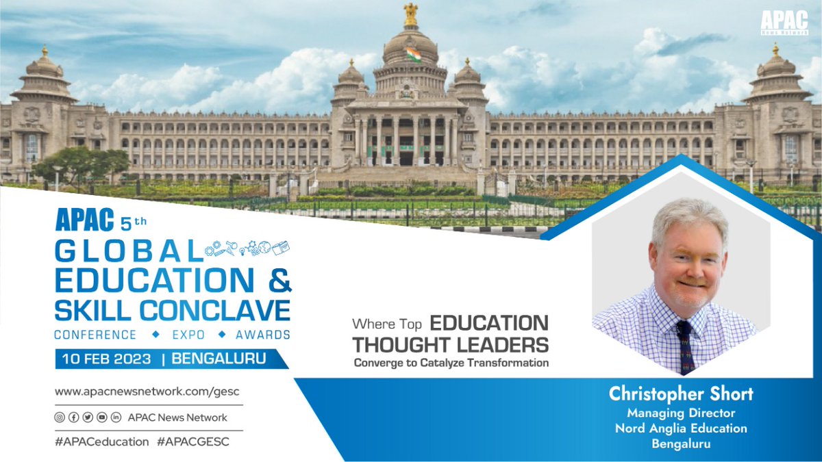Apacnewsnetwork's tweet image. We are glad to welcome Christopher Short, Managing Director, @NAEducation as a 'Key Speaker' at the APAC '5th Global Education & Skill Conclave' on 10th Feb, 2023, in Bengaluru.
For more info, Visit- apacnewsnetwork.com/gesc/5th-editi…
#APACEducation #GESC #EDTECH #Universities #School