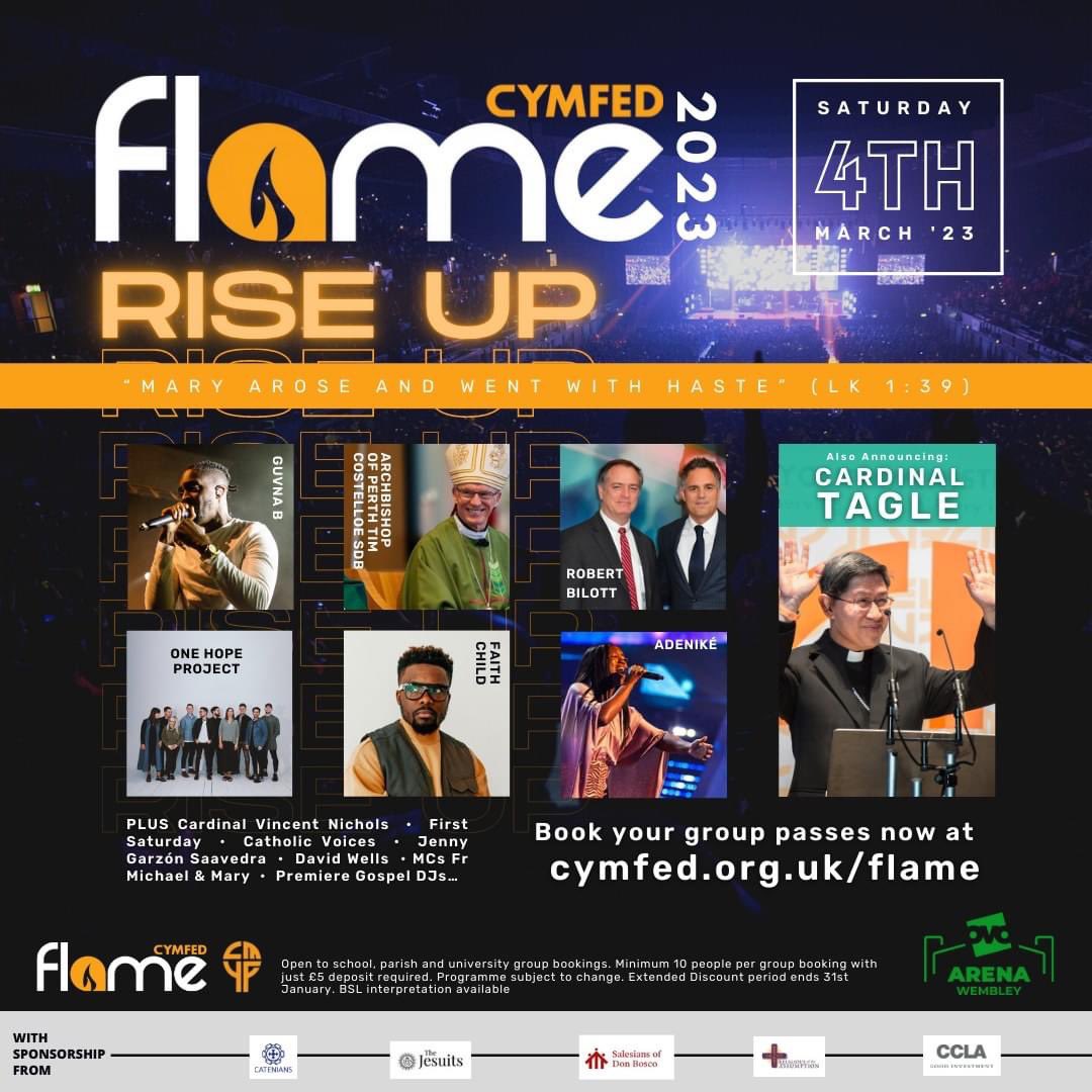Don't let your school, parish or chaplaincy group miss out as Flame celebrates, encourages and IGNITES young people THIS March 4th 🔥🔥🔥 Book today: cymfed.org.uk/flame