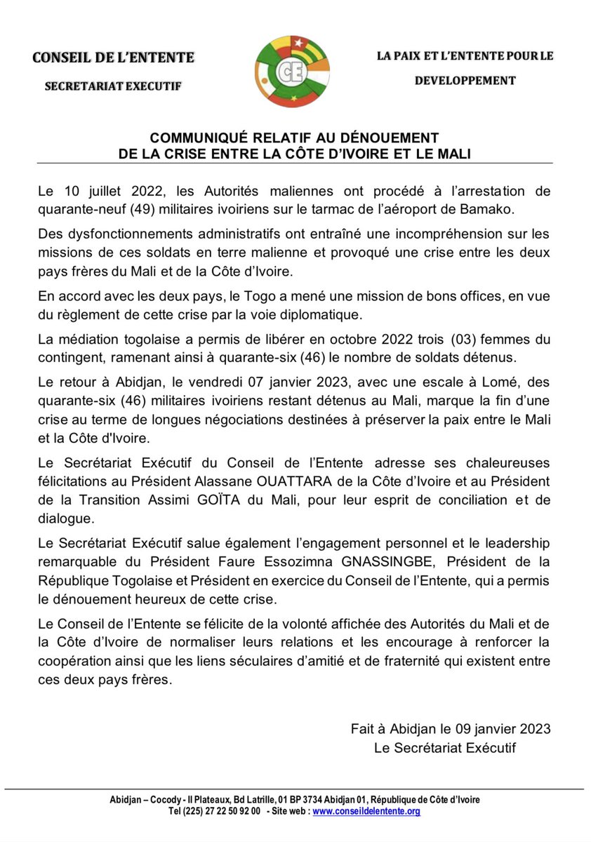 ConseilEntente's tweet photo. Communiqué du Secrétariat Exécutif du Conseil de l’Entente relatif au dénouement de la crise entre la Côte d’Ivoire 🇨🇮 et le Mali 🇲🇱 https://t.co/Ke2l18Vqd4