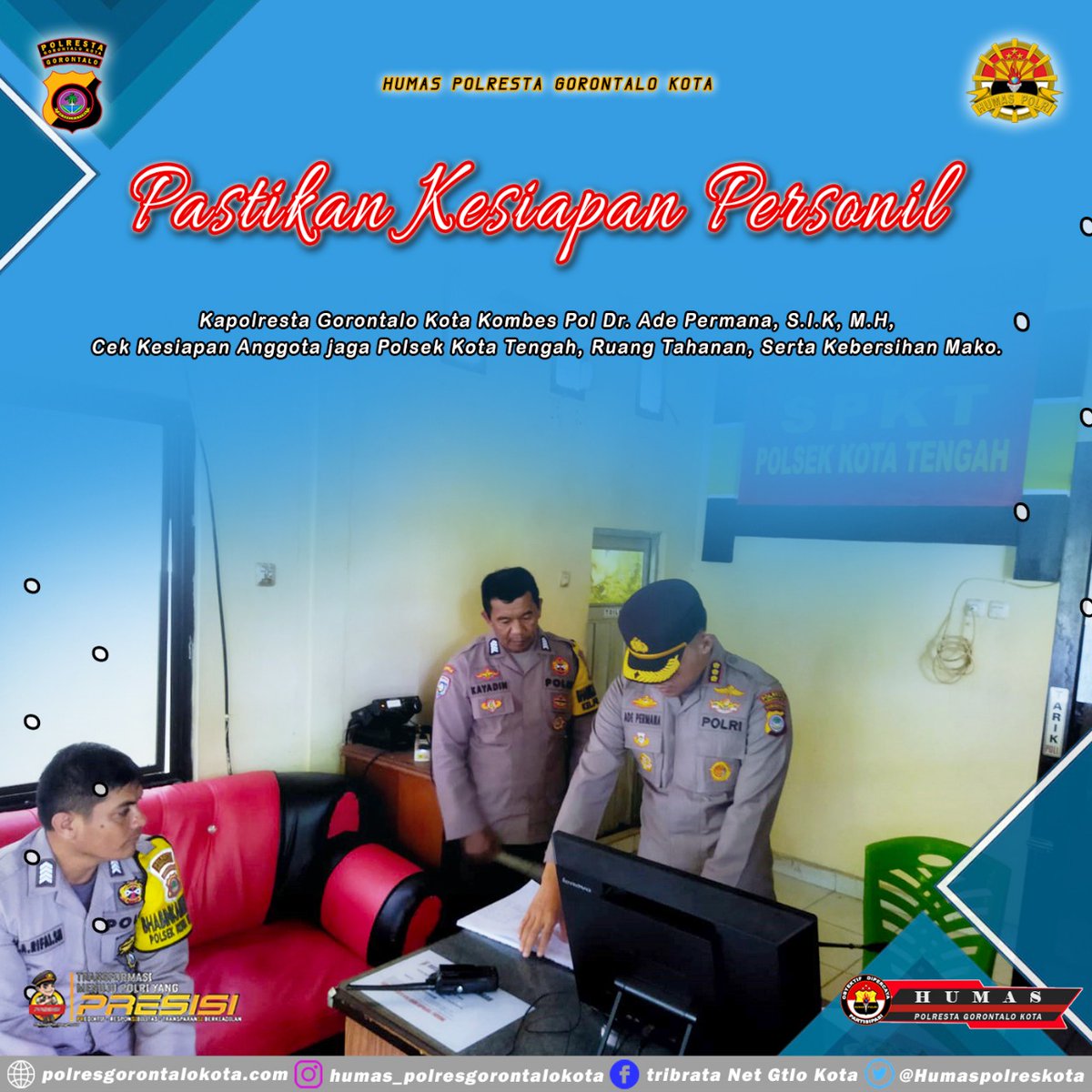 Pastikan Kesiapan Personil Kapolresta Gorontalo Kota Cek Kesiapan Anggota Jaga Polsek Kota Tengah, Ruang tahanan, serta Kebersihan Mako
#polrestagorontalokota #kapolrestagorontalokota