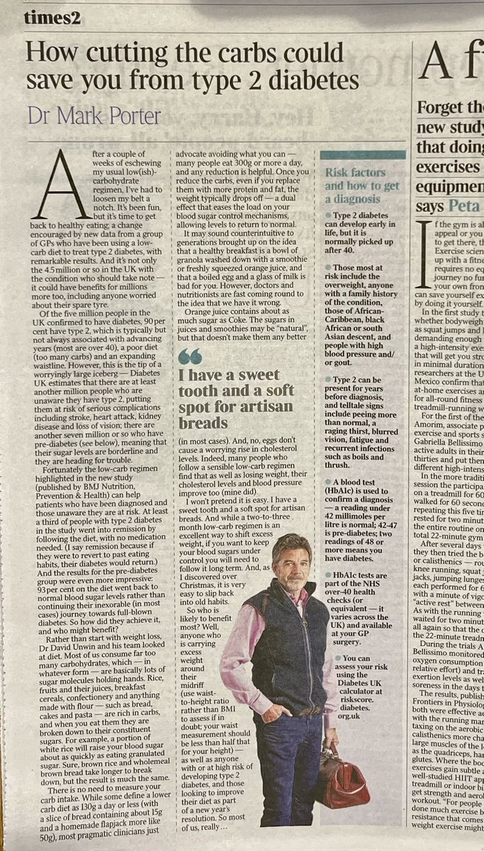 So our low carb diet paper is featured in today’s Times. Nearly a full page Progress!! About 50% of our #T2D patients who chose a low carb diet achieved drug free remission Also improved cardiovascular risk nutrition.bmj.com/content/early/…