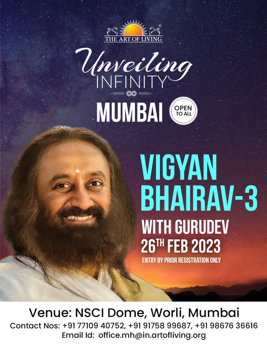 AOLMum's tweet photo. Finally the wait is over!!
Unveiling Infinity - Vigyaan Bhairav with Gurudev Sri Sri Ravi Shankar ji in Mumbai on 26th February 2023.
Prior registration is compulsory✍🏼.

Link to register: https://t.co/vt4kExy5No

#unveilinginfinity #vigyaanbhairav #gurudevsrisriravishankar https://t.co/oS1BKJ7QHW