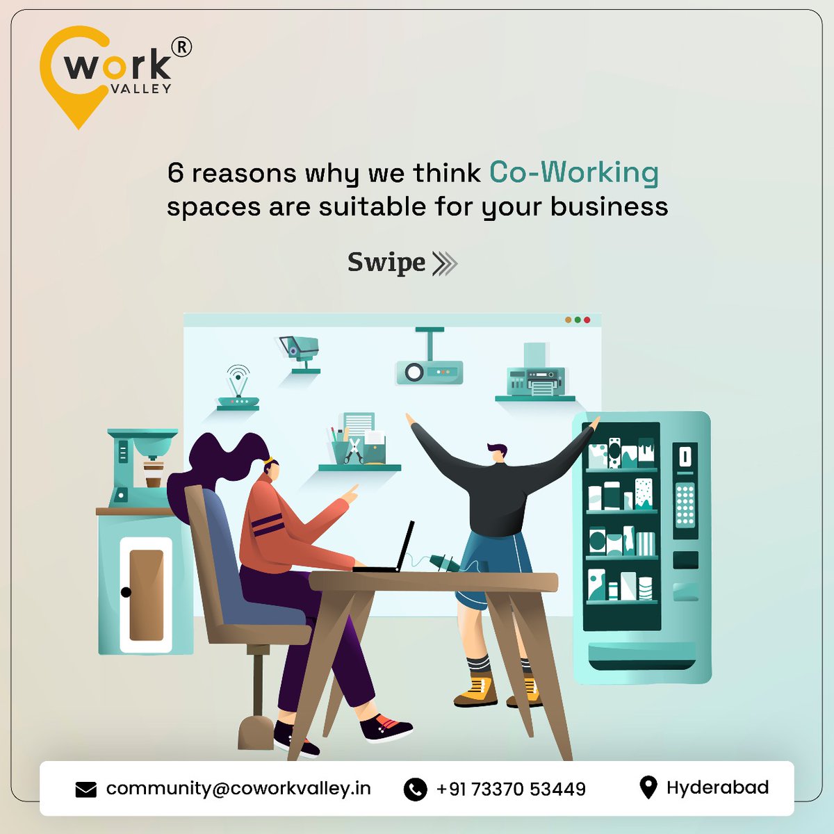 CoworkValley's tweet photo. What are your reasons for choosing a coworking space?
Contact us today at +91 7337053449
Mail us to know more at community@coworkvalley.in
#coworkingspace #coworking #Hyderabad #hitechcity #Kondapur https://t.co/LVUk5alFiJ