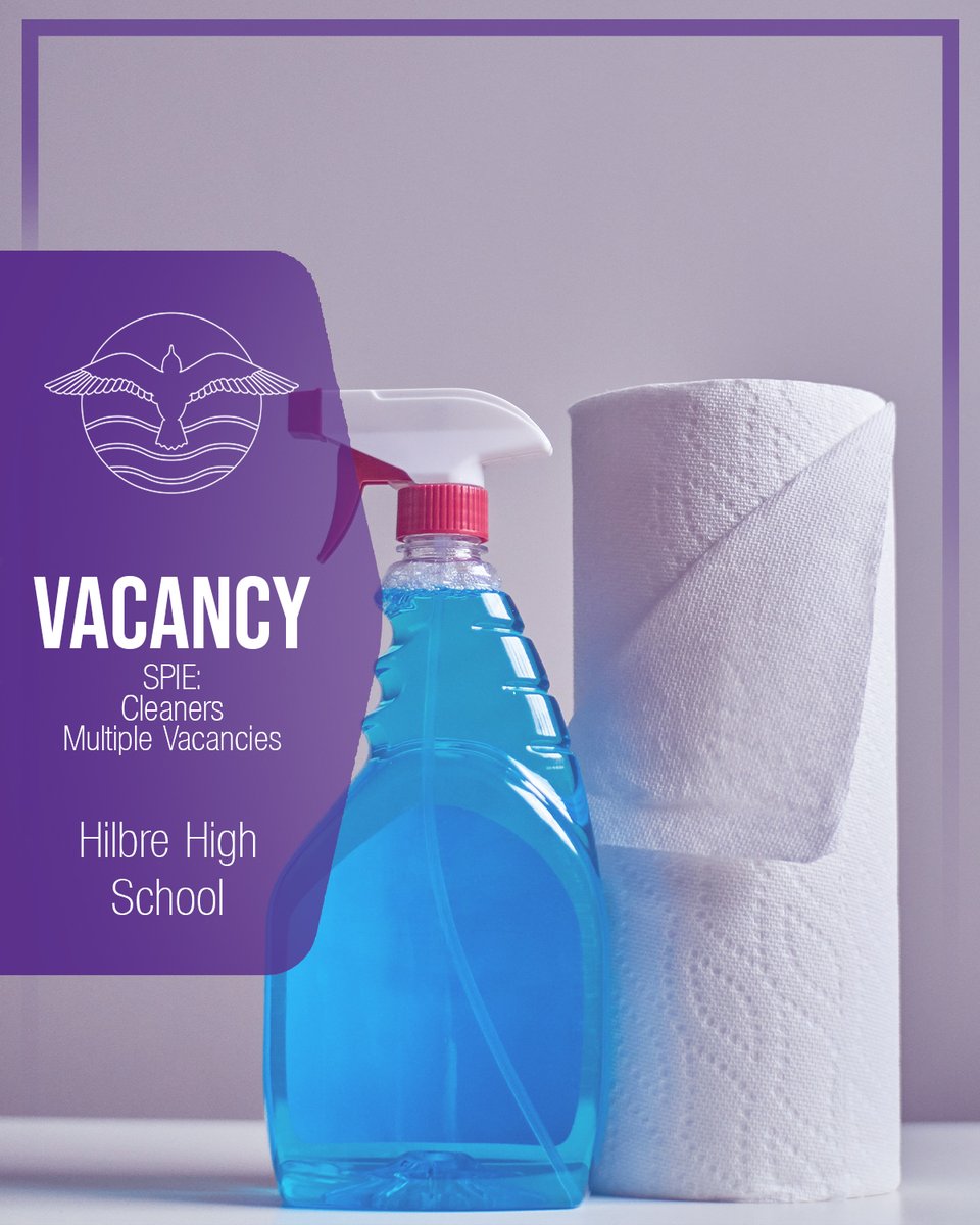 Spie are hiring multiple cleaners for our school grounds:

If you're interested or know someone who might be, for more information please email:
nicola.murphy@spie.com

#wirraljobs #jobadvert #hiring #cleaner #hilbre