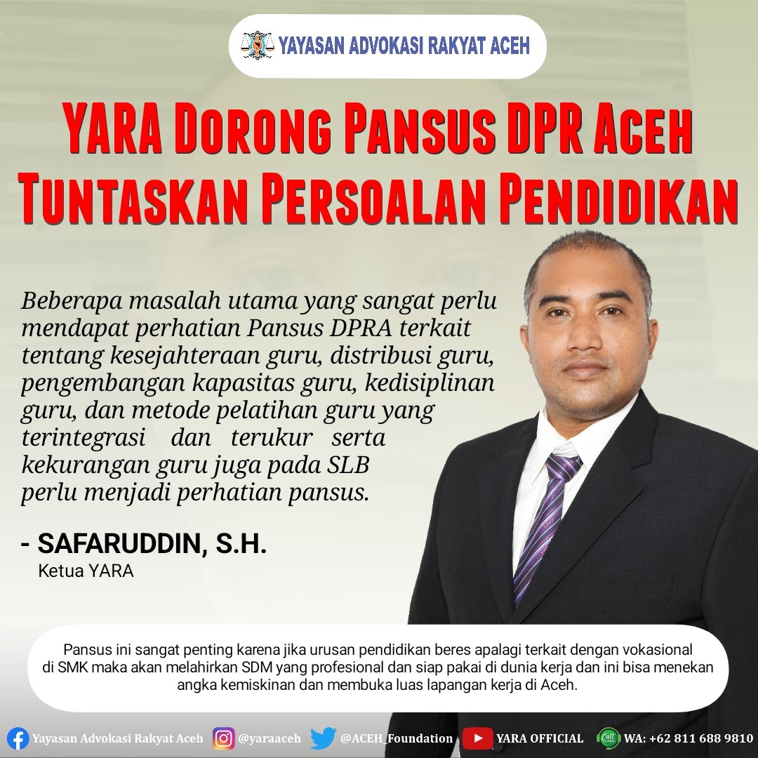 ACEH_Foundation's tweet photo. 📰 #PublicUpdate | Ketua YARA mendorong tim Pansus DPR Aceh untuk mendalami berbagai permasalahan terkait mutu pendidikan di Aceh.
#YARA #DPRAceh #pendidikan #Pansus https://t.co/N4DAoH123c