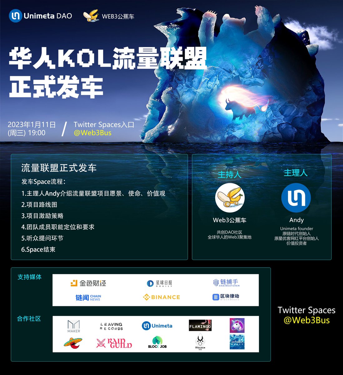 Web3Bus's tweet photo. 明天（2023年1月11日）晚上19：00，华人KOL流量联盟正式发车！发车地点Web3公蕉车推特（@Web3Bus）Space。
华人KOL流量联盟，旨在为行业提供一套实现优质项目方、KOL、粉丝三方，乃至社区、媒体、投研机构等等各方的共赢。 https://t.co/ciWGcJq8JO
